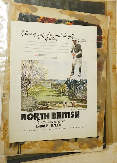 An archive of original designs for the North British Rubber Company to include 'Supercharged Golf Ball, by Percy Caesar, unframed, largest 38 x 28cm. Condition - fair, some discolouration throughout